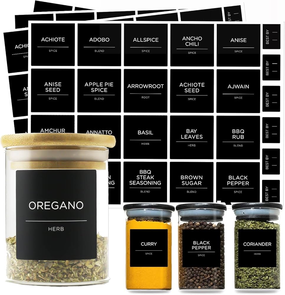 Pots à épices en verre + 12 étiquettes