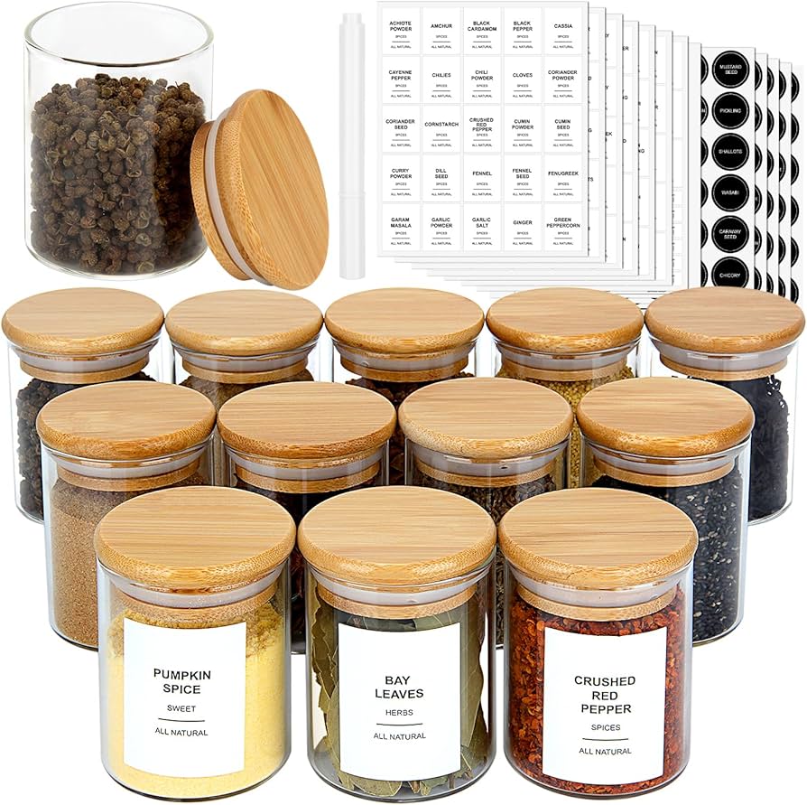 Pots à épices en verre + 12 étiquettes